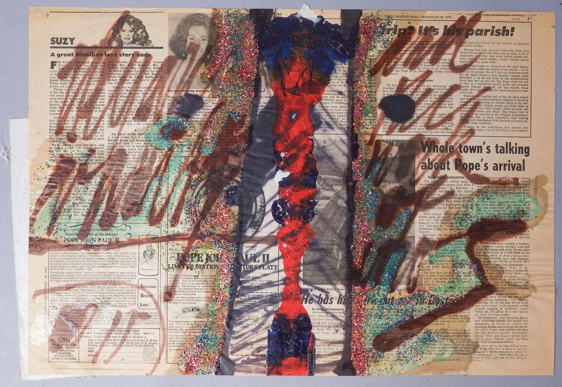 Jan Koblasa Loose Newspaper Mixed Media With Linen: Jan Koblasa (Czech, 1932-2017) was a Czech sculptor, painter, graphic artist, set designer, poet, musician, and professor emeritus of sculpture at University of Kiel in Germany. In 2002, he was awarde
