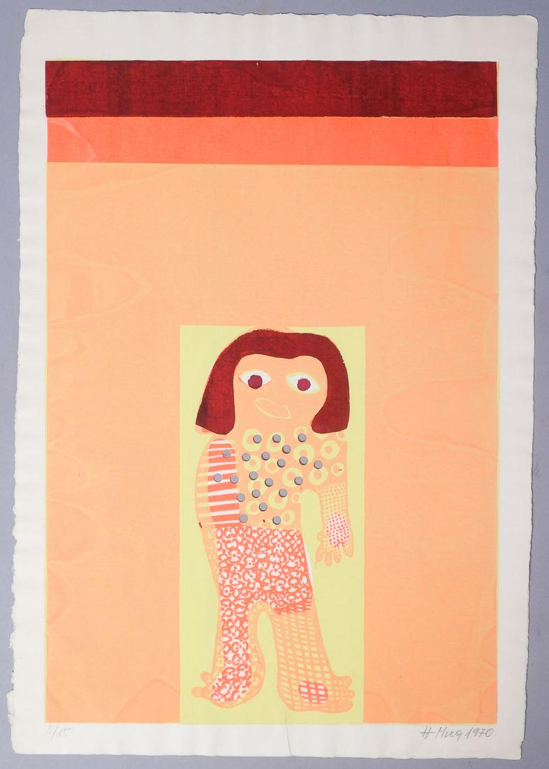 Mira Haberernova-Trancikova Signed Print 1970: Mira Haberernova-Trancikova (Czech, b. 1939) Signed Print "Poupee A Trous" 1970 #5/15 - Doll with Holes. Holes punched through central figure. Copy 8/15 is owned by the Museum of Modern Art in Paris. 