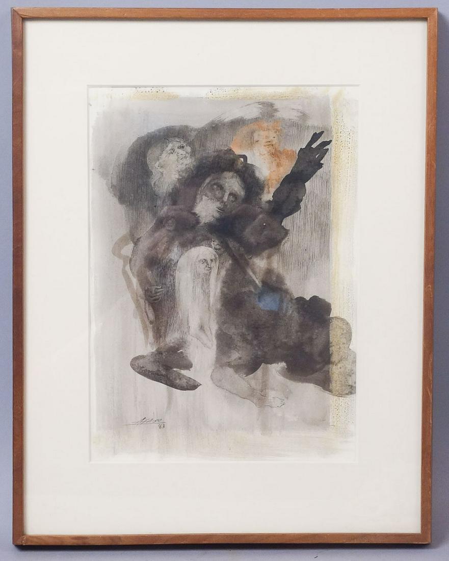 Manuel Ayaso Pen & Ink Wash "At San Marcos 2" 1963: Manuel Ayaso (Spanish, b. 1934) Measurements: Sight: 8 3/8" x 11 7/8" Frame: 13 5/8" x 17 1/4" x 1 1/4"