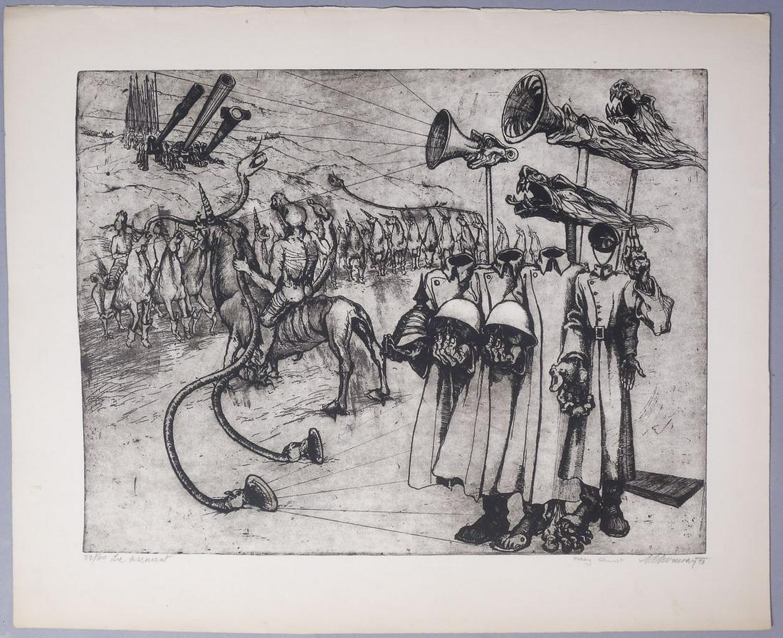 Holley Chirot & Marcel Chirnoaga Etching "Le Serment": Holley Chirot and Marcel Chirnoaga signed etching titled "Le Serment" or "the Oath". Holley Coulter Chirot (American, 1942-1984) Measurements: 21" x 25 5/8"