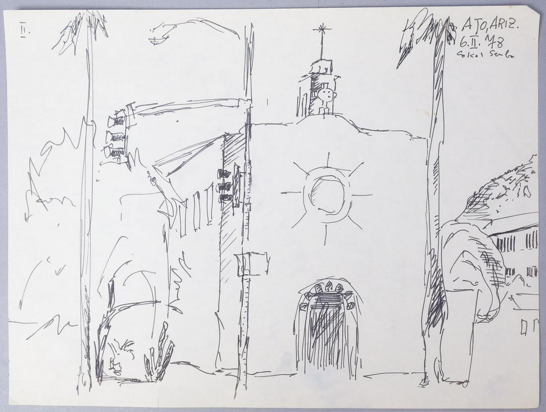 Koloman Sokol Signed Sambo "Ajo, Ariz" Church Drawing: Original ink drawing signed Sambo for Koloman Sokol dated for what appears to be 1978. The drawing depicts an old church on a street corner lined with palms and a traffic light. Titled at the top of "