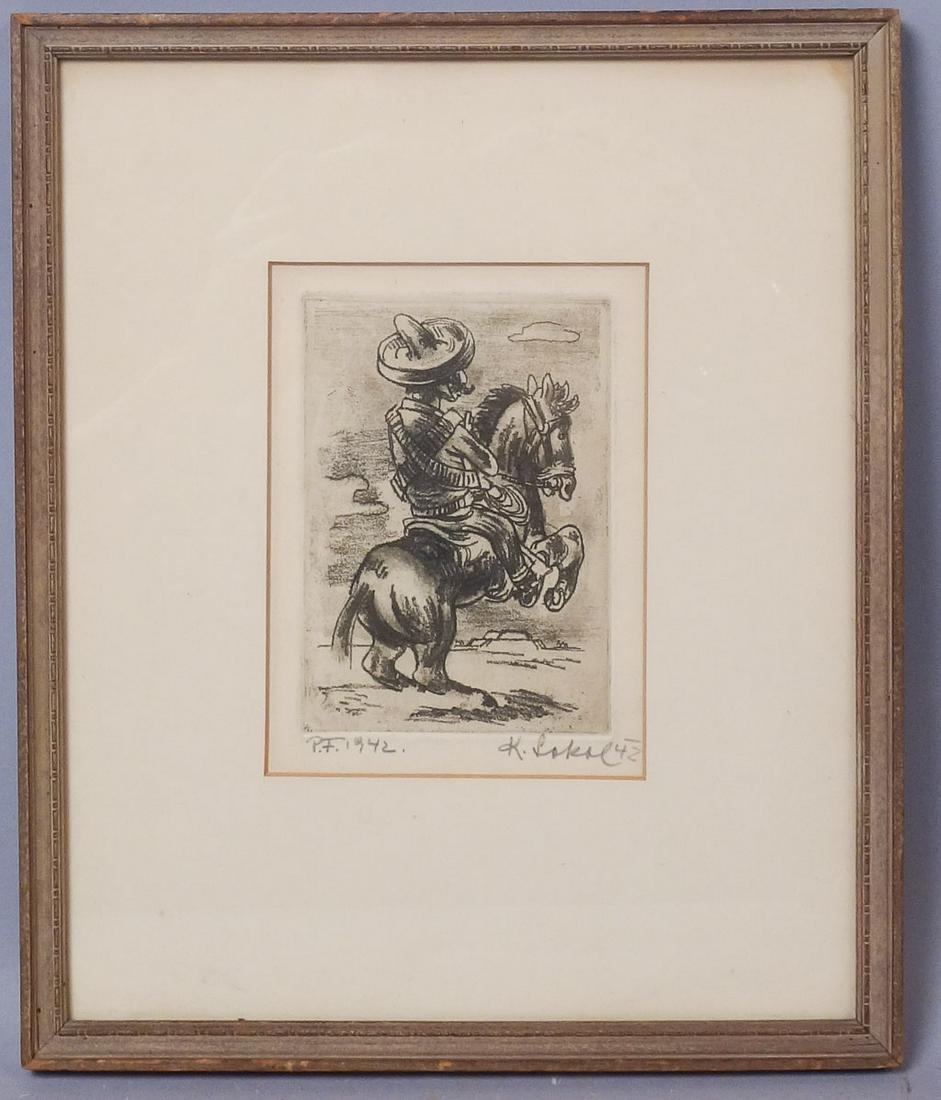 Koloman Sokol Print Rider On Horse PF 1942: Koloman Sokol (1902-2003) Born in northern Slovakia in 1902, Sokol studied under Max Svabinsky and Tavik Frantisek Simon at the Academy of Fine Arts in Prague and under Frantisek Kupka in Paris. From
