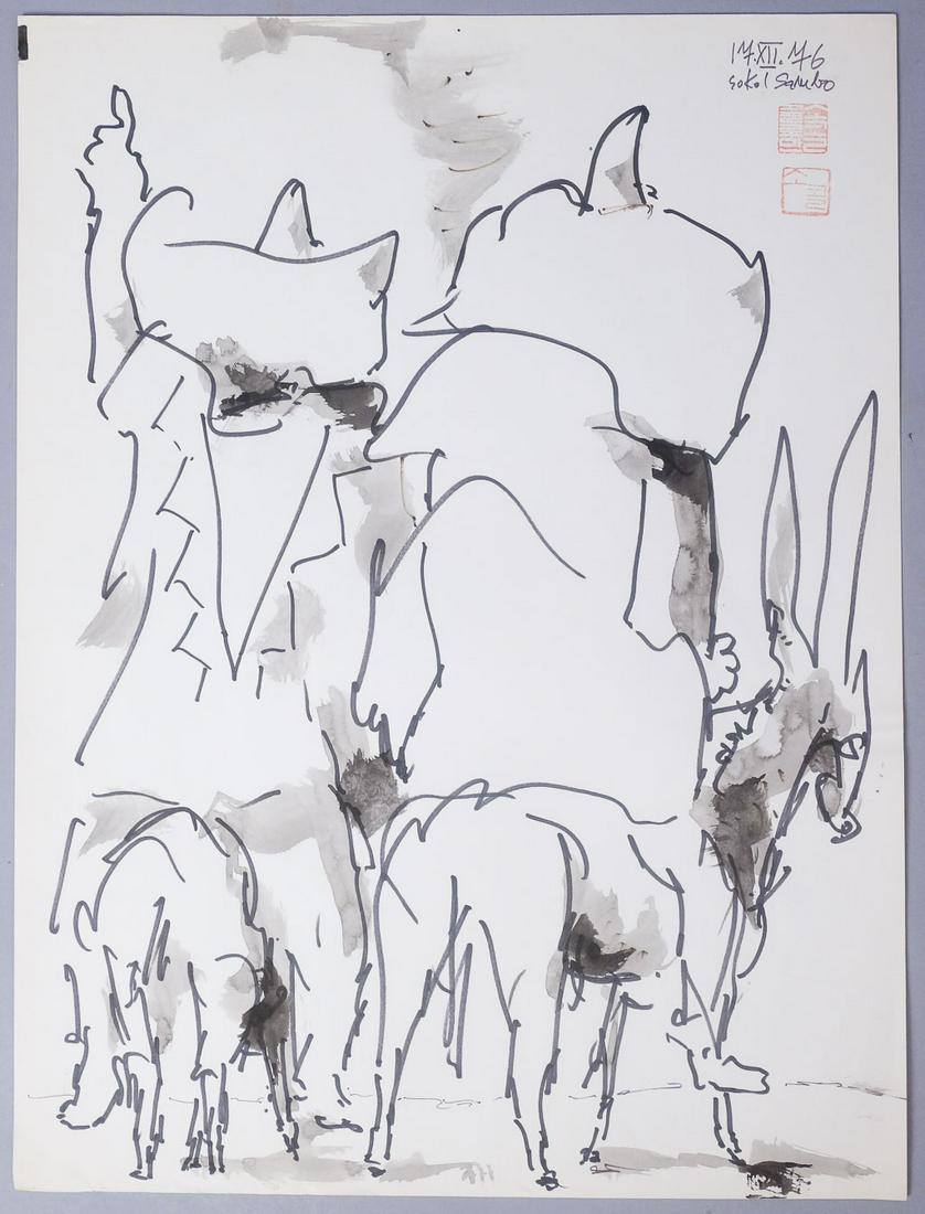 Koloman Sokol Signed "Sambo" Ink Two Riders 1976: Signed "Sambo" Ink drawing Two Riders 1976 with 2 Seals.Koloman Sokol (1902-2003) Born in northern Slovakia in 1902, Sokol studied under Max Svabinsky and Tavik Frantisek Simon at the Academy of Fine