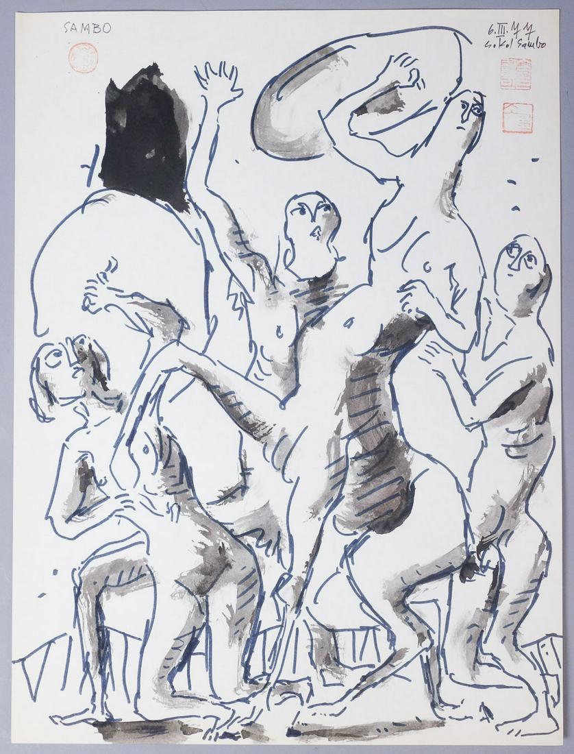 Koloman Sokol Signed "Sambo" Ink Drawing 1977: Signed "Sambo" Double Sided Ink Drawing 1977 with 3 Seals. Koloman Sokol (1902-2003) Born in northern Slovakia in 1902, Sokol studied under Max Svabinsky and Tavik Frantisek Simon at the Academy of Fi