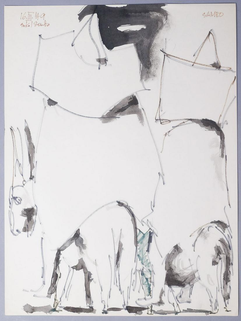 Koloman Sokol Signed "Sambo" Ink Drawing Two Riders: Signed ink drawing of two riders, 1979. Koloman Sokol (1902-2003) Born in northern Slovakia in 1902, Sokol studied under Max Svabinsky and Tavik Frantisek Simon at the Academy of Fine Arts in Prague a