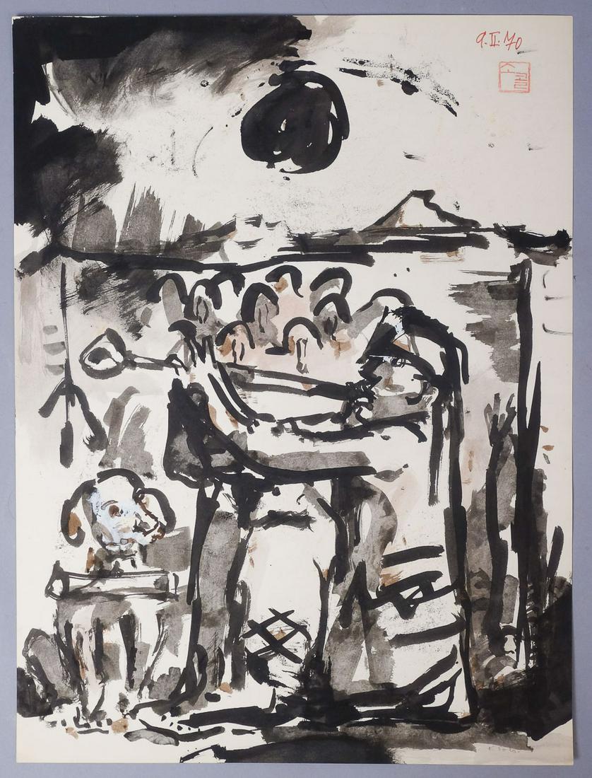 Koloman Sokol Signed Ink Drawing "Black Moon" 1970: "Cierny Mesiac" written on the reverse, translates to "Black Moon." Koloman Sokol (1902-2003) Born in northern Slovakia in 1902, Sokol studied under Max Svabinsky and Tavik Frantisek Simon at the Acad