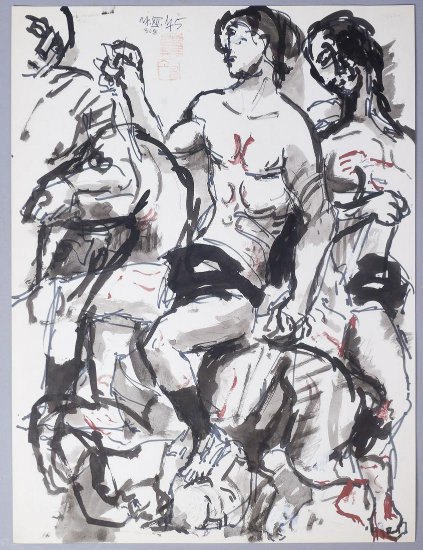 Koloman Sokol Signed "Sambo" Marker Men On Horse 1975: Signed "Sambo" in marker men on horse 1975. One pencil signature on upper left edge, "Sokol" on top right corner. Koloman Sokol (1902-2003) Born in northern Slovakia in 1902, Sokol studied under Max S