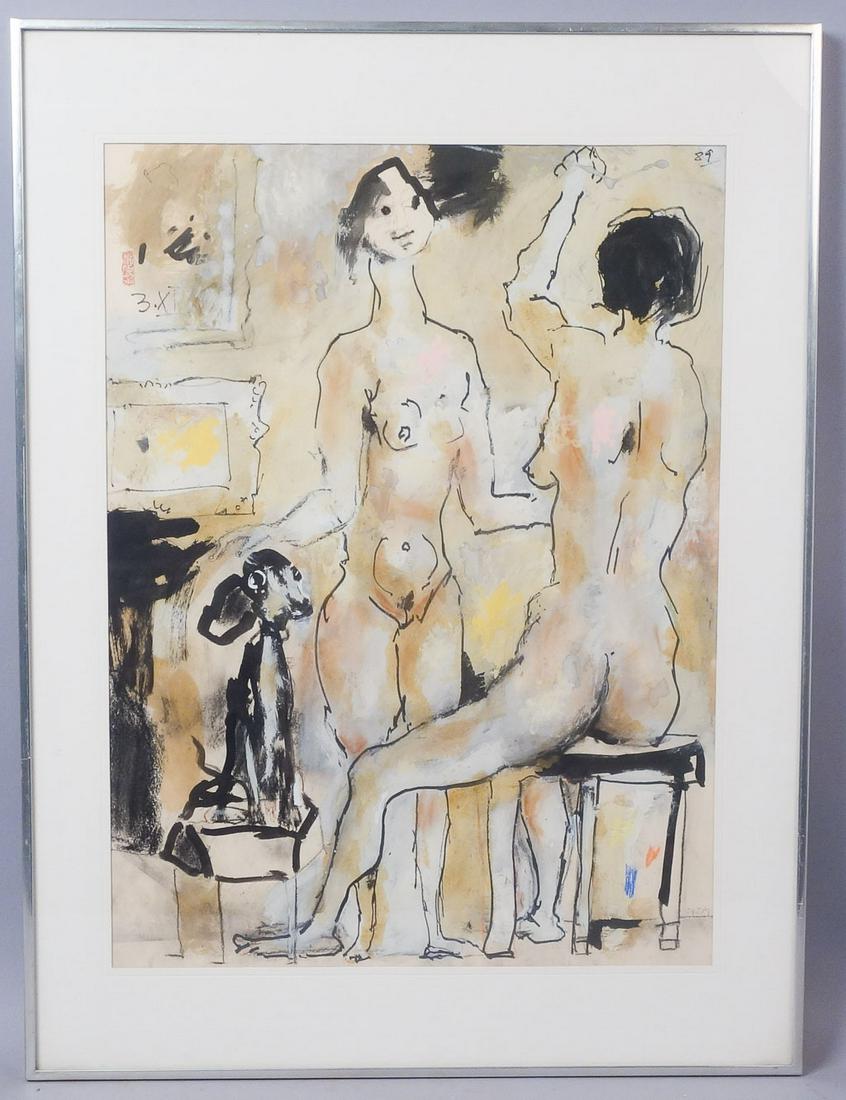 Koloman Sokol Signed "Sambo" Tempera Two Nudes 1989: Signed "Sambo" piece in tempera of two nudes, 1989.Koloman Sokol (1902-2003) Born in northern Slovakia in 1902, Sokol studied under Max Svabinsky and Tavik Frantisek Simon at the Academy of Fine Arts 