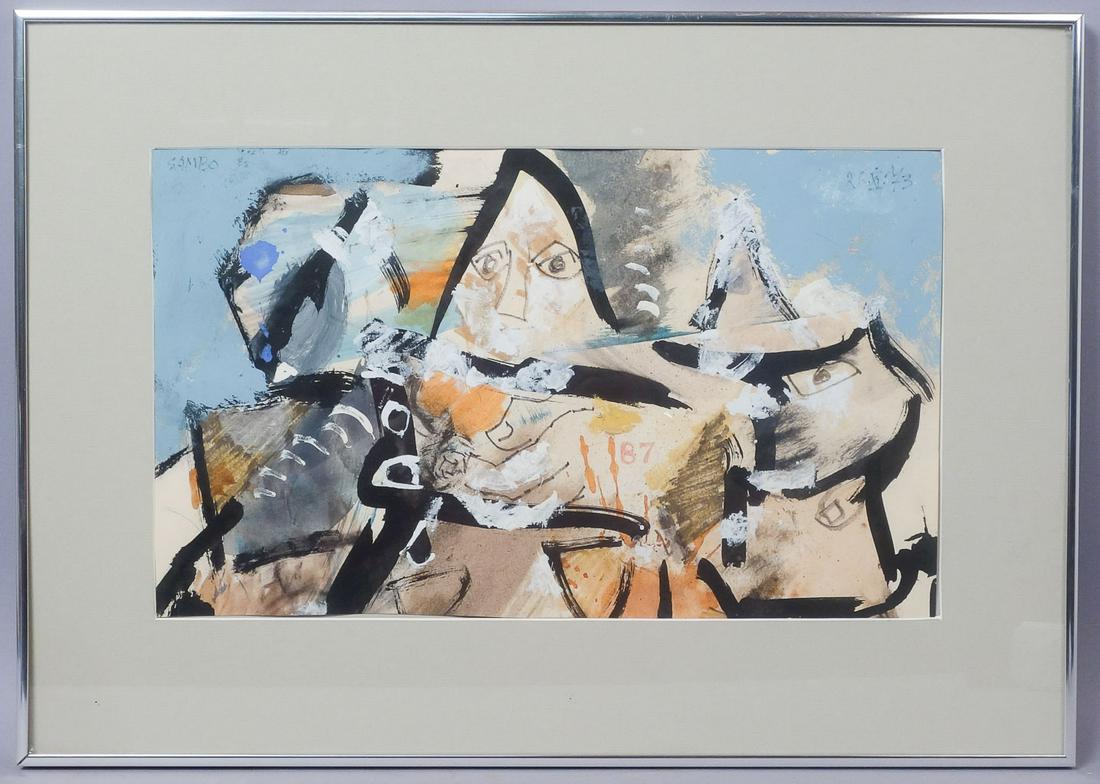 Koloman Sokol Mixed Media Faces "87" 1973: Kolomon Sokol mixed media work of abstract faces titled "87" dated 1973. Koloman Sokol (1902-2003) Born in northern Slovakia in 1902, Sokol studied under Max Svabinsky and Tavik Frantisek Simon at the