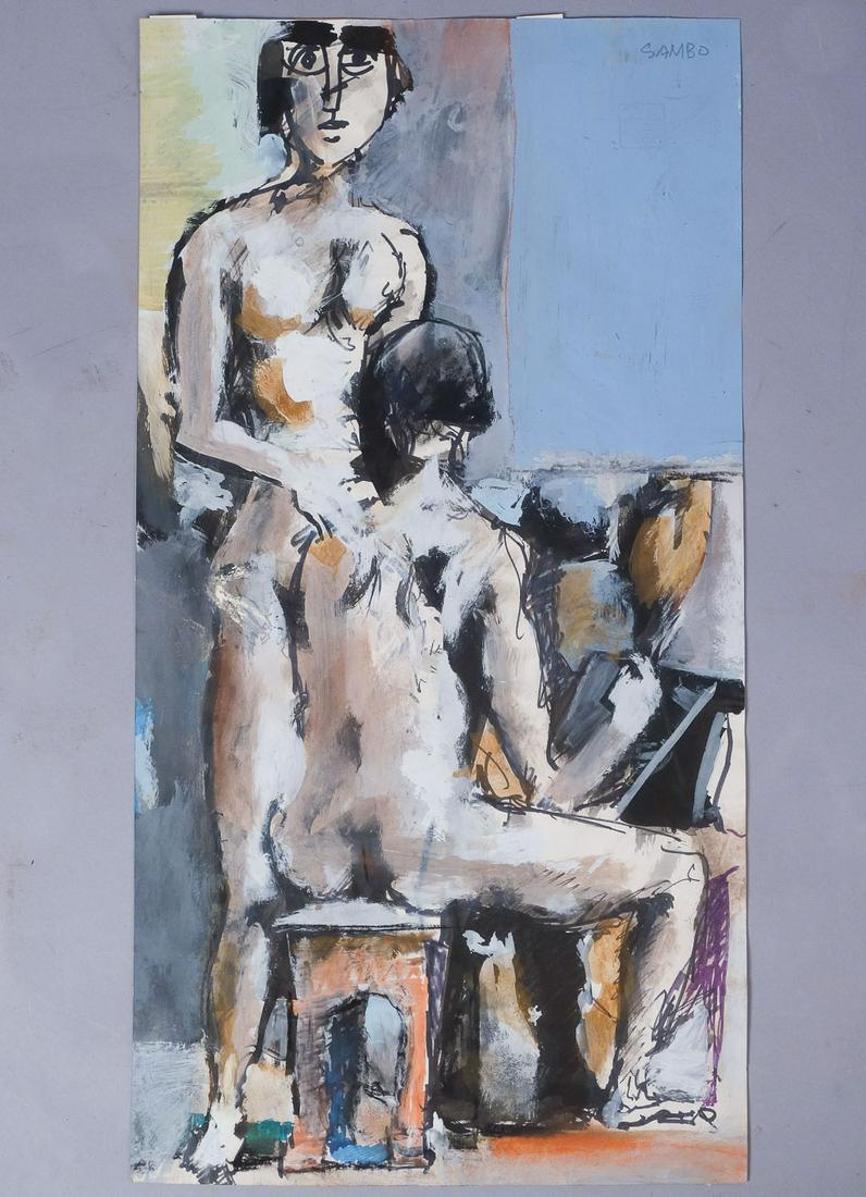Koloman Sokol Signed "Sambo" Mixed Media 1976 w 2 Seals: Signed Sambo ink and tempera dated 1976 by Kolomon Sokol. Was taped at one point, and is now loose from backing. Koloman Sokol (1902-2003) Born in northern Slovakia in 1902, Sokol studied under Max Sv