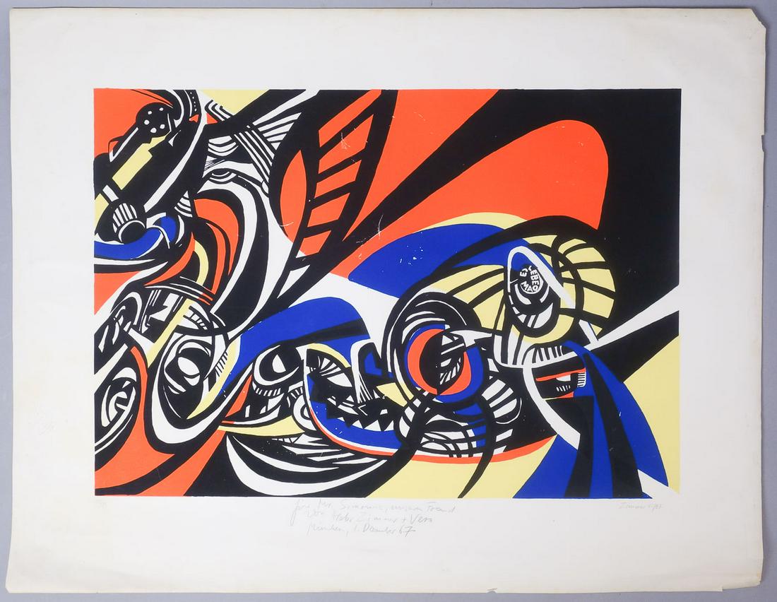 Hans Peter Zimmer Signed Abstract Screen Print #28/75: Has dedication: To Mr Simoncic, museum friend Von H. Peter Zimmer + Vera Munchen, 1. December 67". Hans Peter Zimmer (German, 1936-1992) Born in 1936 Berlin, Zimmer was introduced to art early by his