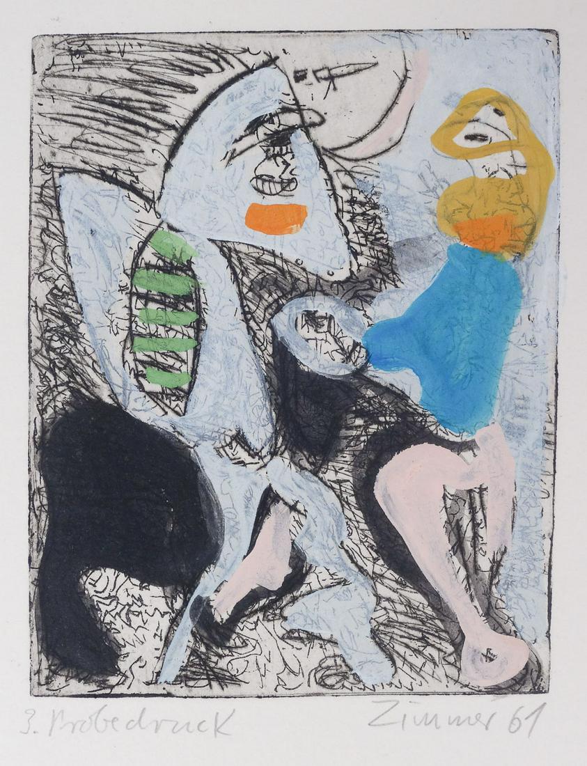 Hans Peter Zimmer Signed Print "Abvegise Diskussion": Dated 1961. Hans Peter Zimmer (German, 1936-1992) Born in 1936 Berlin, Zimmer was introduced to art early by his collector uncle. He studied at the Acedmy of Fine Arts in Munich, and formed an artisti