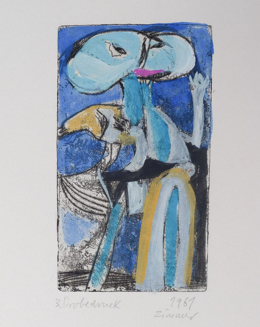 Hans Peter Zimmer Signed Test Print "Anarchist" 1961: Hans Peter Zimmer (German, 1936-1992) Born in 1936 Berlin, Zimmer was introduced to art early by his collector uncle. He studied at the Acedmy of Fine Arts in Munich, and formed an artistic collaborat