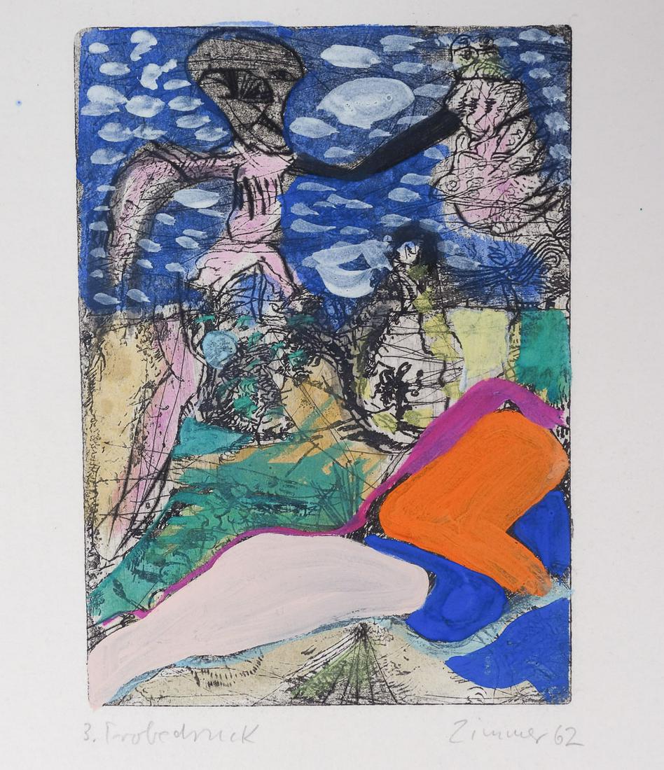Hans Peter Zimmer Signed Test Print "Jorn Kommt" 1962: Hans Peter Zimmer (German, 1936-1992) Born in 1936 Berlin, Zimmer was introduced to art early by his collector uncle. He studied at the Acedmy of Fine Arts in Munich, and formed an artistic collaborat