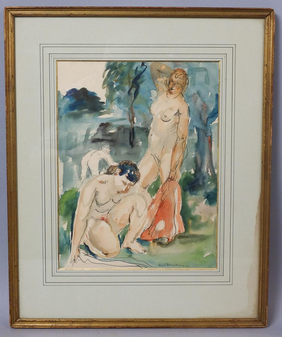 Ann Brockmann Watercolor Painting "Bathers": Ann Brockman (American, 1896-1943) Measurements: Sight 9 1/8" x 12" Frame 15" x 18 1/4" x 5/8"