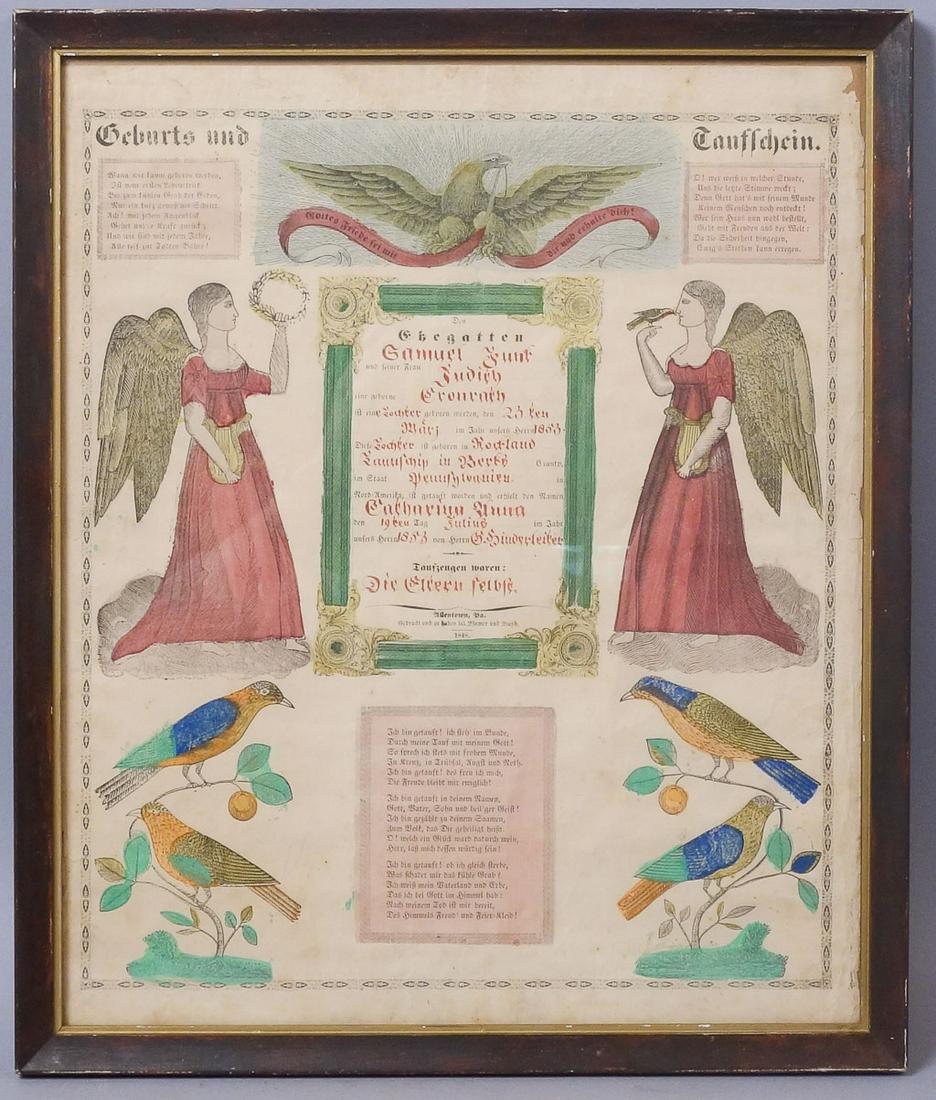 Berks County Fraktur Marriage Certificate Taufschein: 1853 Certificate printed for Catharina Funk Bechtel (1853-1927) by Blumer, Busch und Co., Printers. The scrivener of the fraktur lettering is George H. L. Strahley (1794-1860) of Allentown, PA. Measur