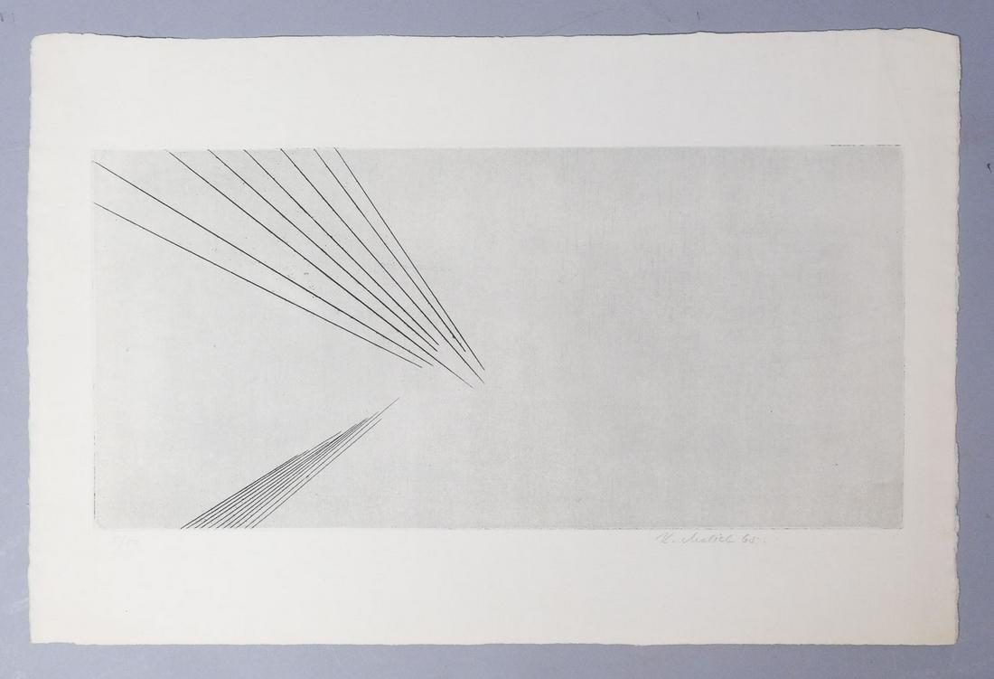 Karel Malich Signed Abstract Etching Print 1965: Signed Karel Malich (Czech, 1924-2019) print featuring convering lines. Limited edition of 5/50 Measurements: 13 3/8 " x 20 1/4"
