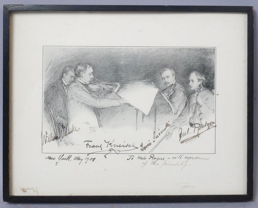 Autographed Print Of The Kneisel Quartet 1908: Left to right: signed William Willeke, Franz Kneisel, Louis Svecenski, and Jul.[Julius] Rontgen. "New York, May 1908 To Mrs. Rogers - with expressions of true friendship" The name below Rontgen's auto