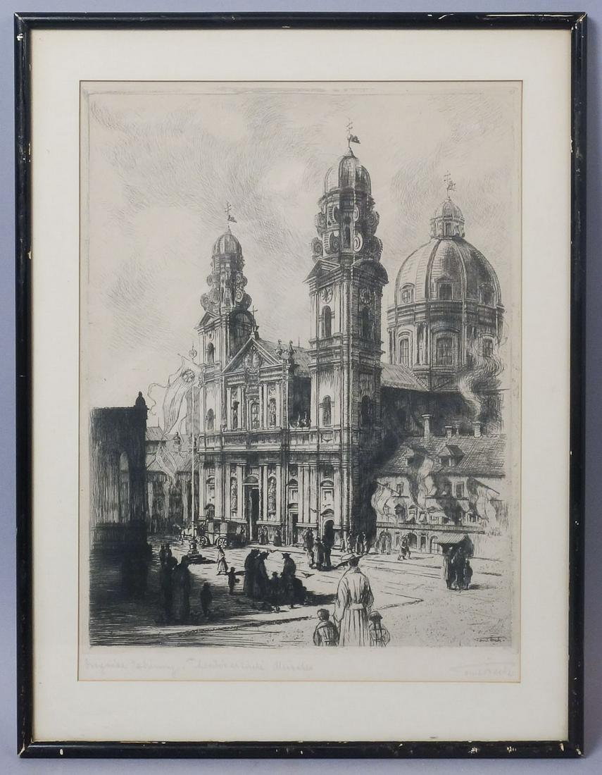 Paul Bach Engraving Church Theatinerkirche, Munich: label on reverse: "BACH, Paul, painter and engraver born a Dresden Aug. 27 1866; studied at Dusseldorf Academy, later on in Paris. Worked ten years at Munich, finally settle in Berlin Original etching