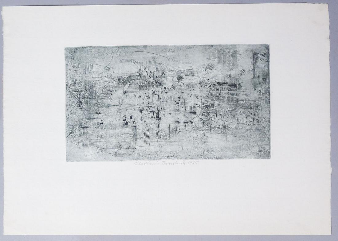Vladimir Boudnik Signed Abstract Print Untitled 1965: Vladimir Boudnik (Czech, 1924-1968) signed abstract print dated for 1965. Measurements: 15 1/2"x11 1/2"