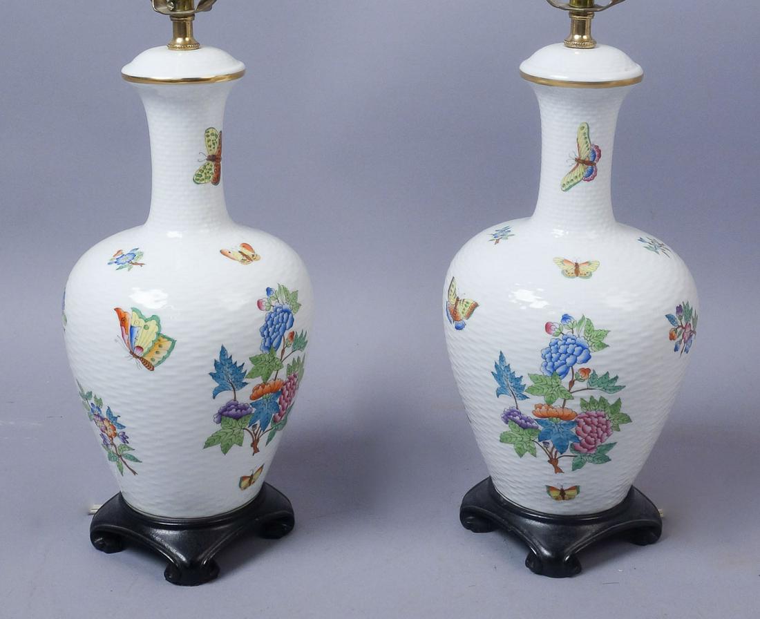 Pair Herend Queen Victoria Porcelain Table Lamps: This is a pair of Herend Queen Victoria porcelain lamps. 22" tall w/shade hardware, ~7" diameter at the widest point of the porcelain