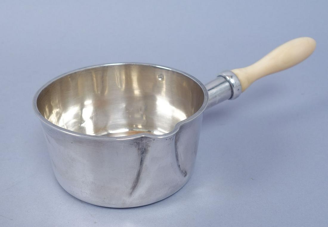 19c French Cesar Tonnelier 950 Silver Sauce Server: Antique 19th century handled French 950 silver sauce pot/brandy warmer. Crafted by Cesar Tonnelier of Paris (active 1845-1882). It weighs a total 7ozt including the handle. It measures 8 1/4" x 4 1/8"