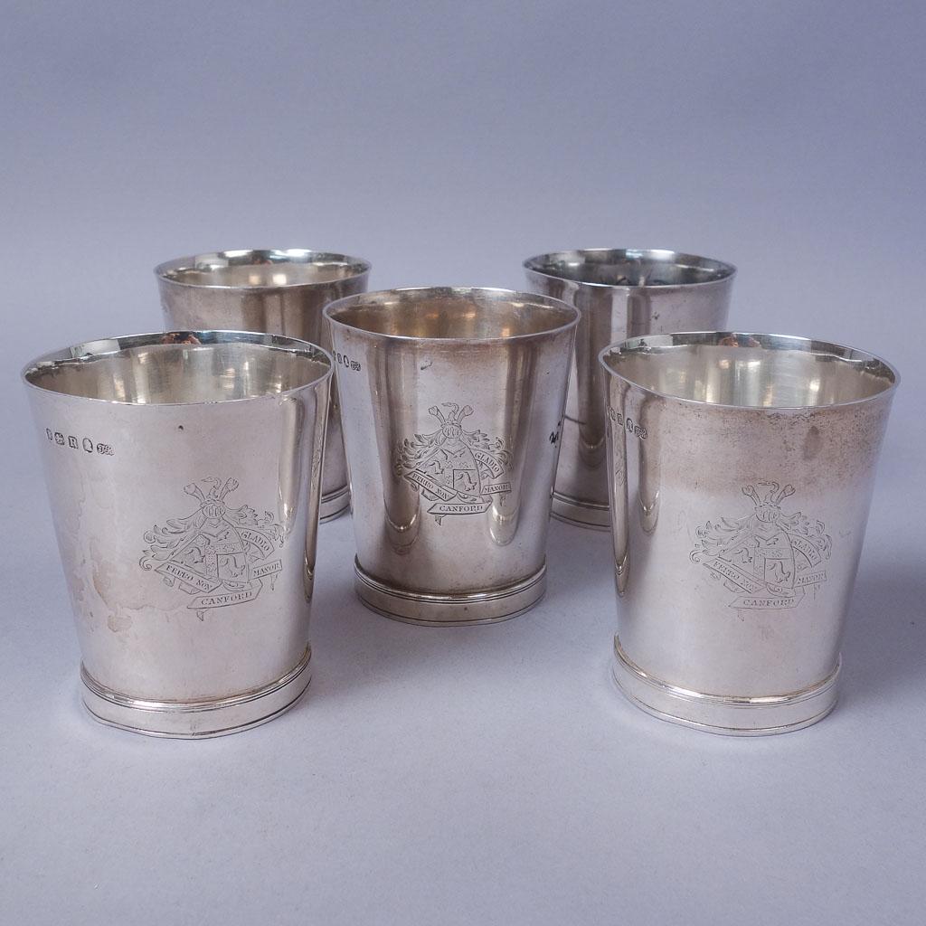 Set 5 London T Robins 1812 Sterling Silver Julep Cups: This is a set of five sterling silver cups from Thomas Robins of London, England dating to 1812. Each features an ornate engraved heraldic crest. 39.67ozt 3 1/4" opening, 4" high