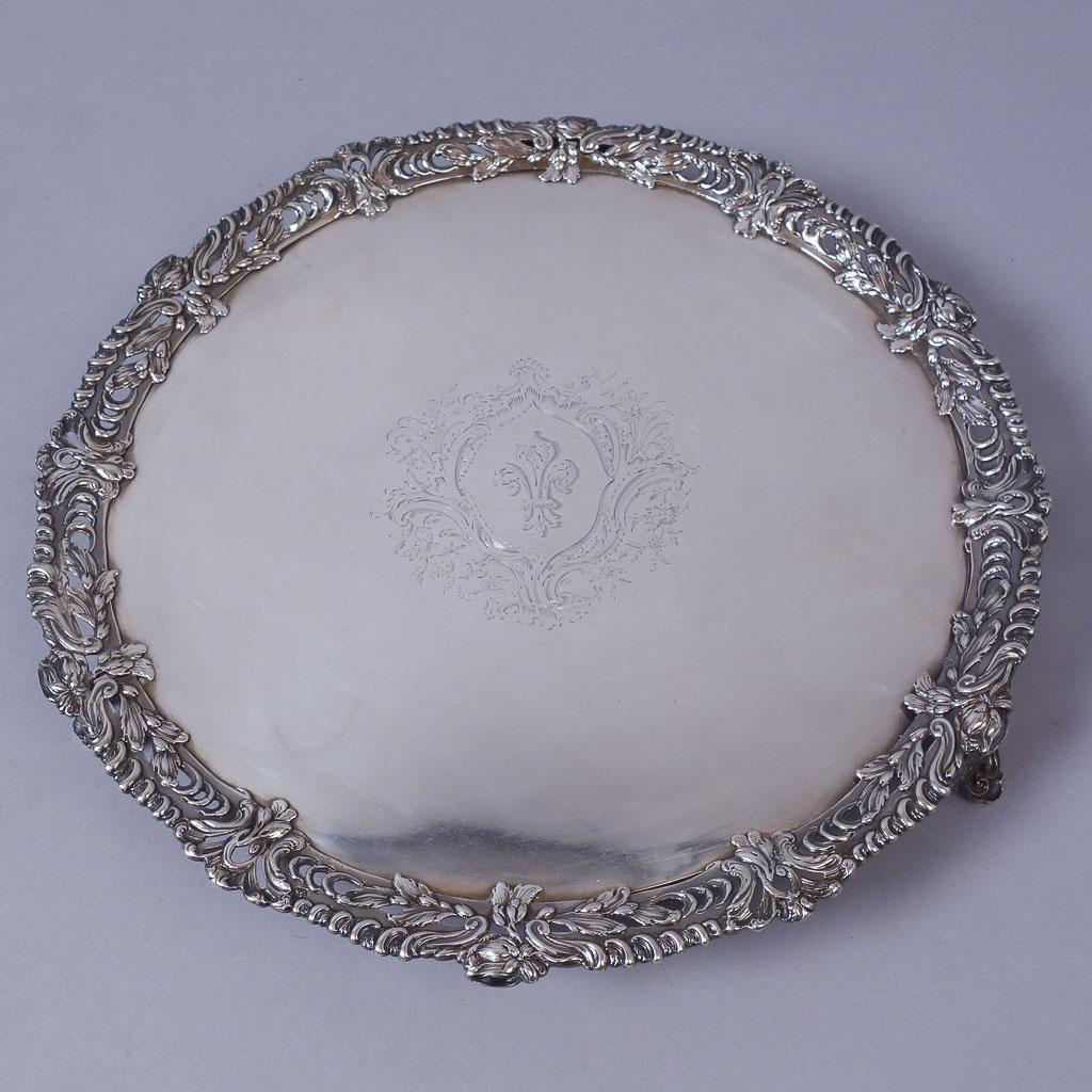 Fine Sterling Silver Salver London 1764 Hannam Mills: A beautiful English silver salver made in London 1764 by Thomas Hannam and Richard Mills. 43.69ozt. 14 1/4" x 1 3/4"