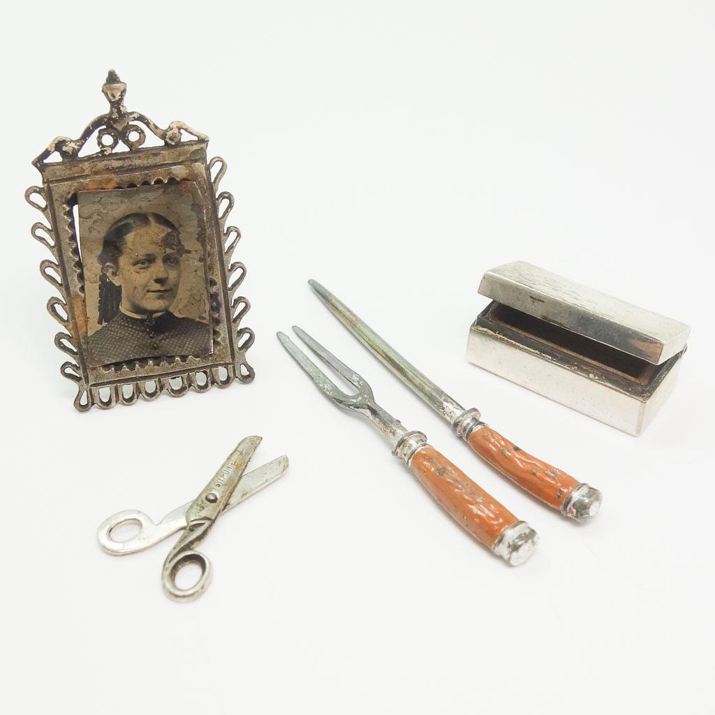 Mini Dollhouse Sterling Silver Objects Incl Wm B Meyers: Lot of antique miniature dollhouse sterling silver accessories. The picture frame has a working stand and is marked "Sterling Handmade" with a William B Meyers hallmark. The picture inside the frame i