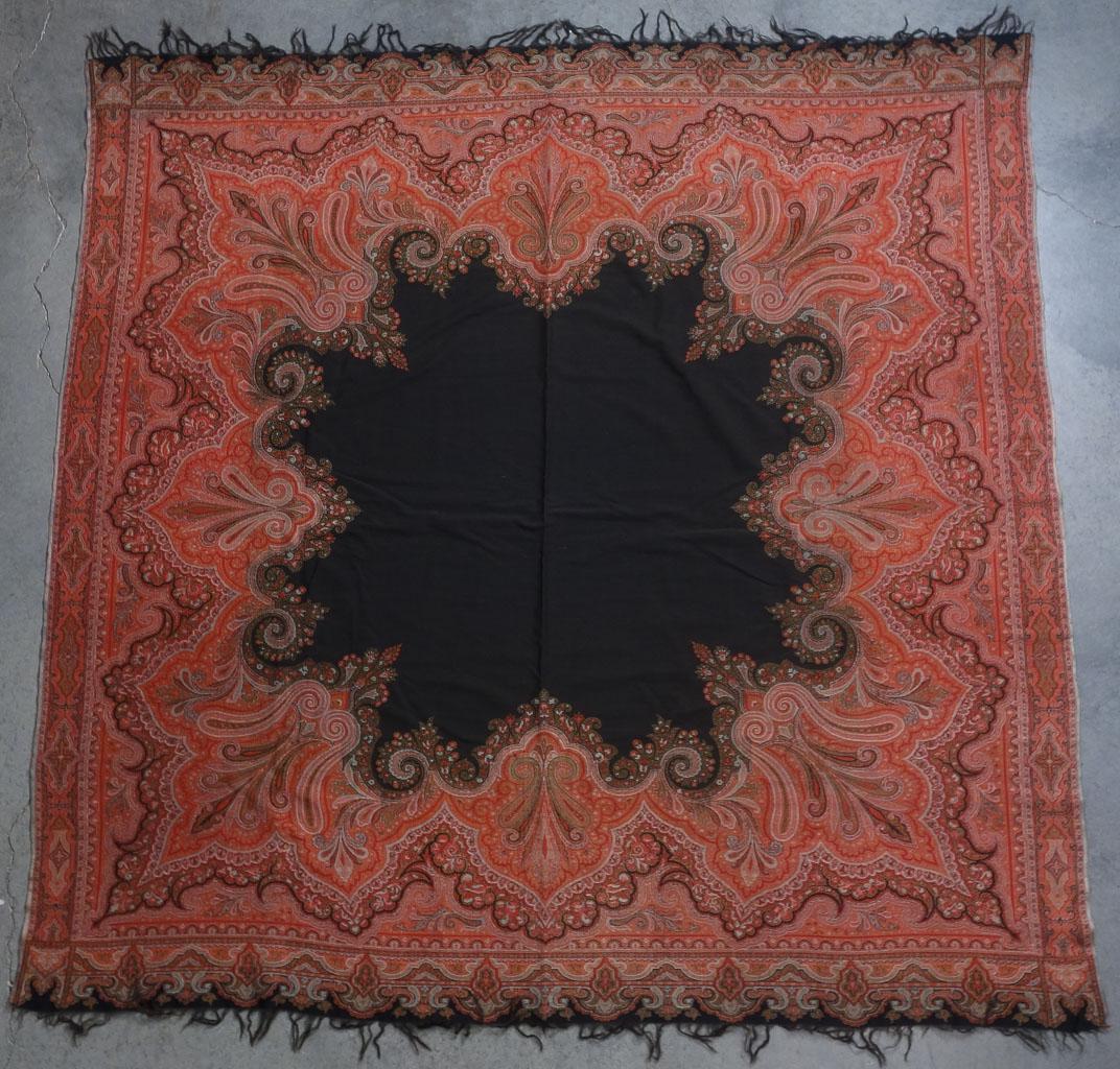 Large Wool Paisley Boteh Piano Scarf Shawl #2: This is a large, very nice paisley boteh piano scarf or shawl with a woven border in rich red hues. Jacquard loomed, English 19th century. 66" x 65"