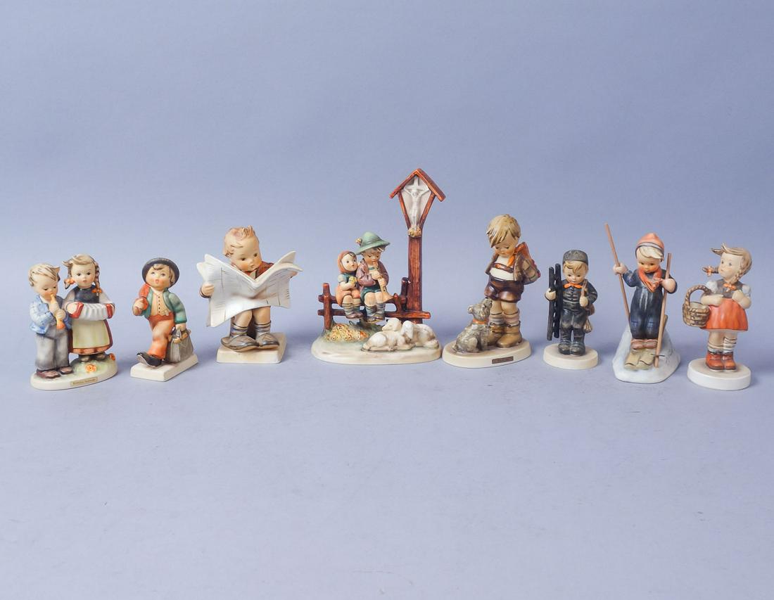 Lot 8 Hummel Figurines - 4: A lot of 8 various Hummel Figurines including "Latest News Munchener Presse". Tallest 7"