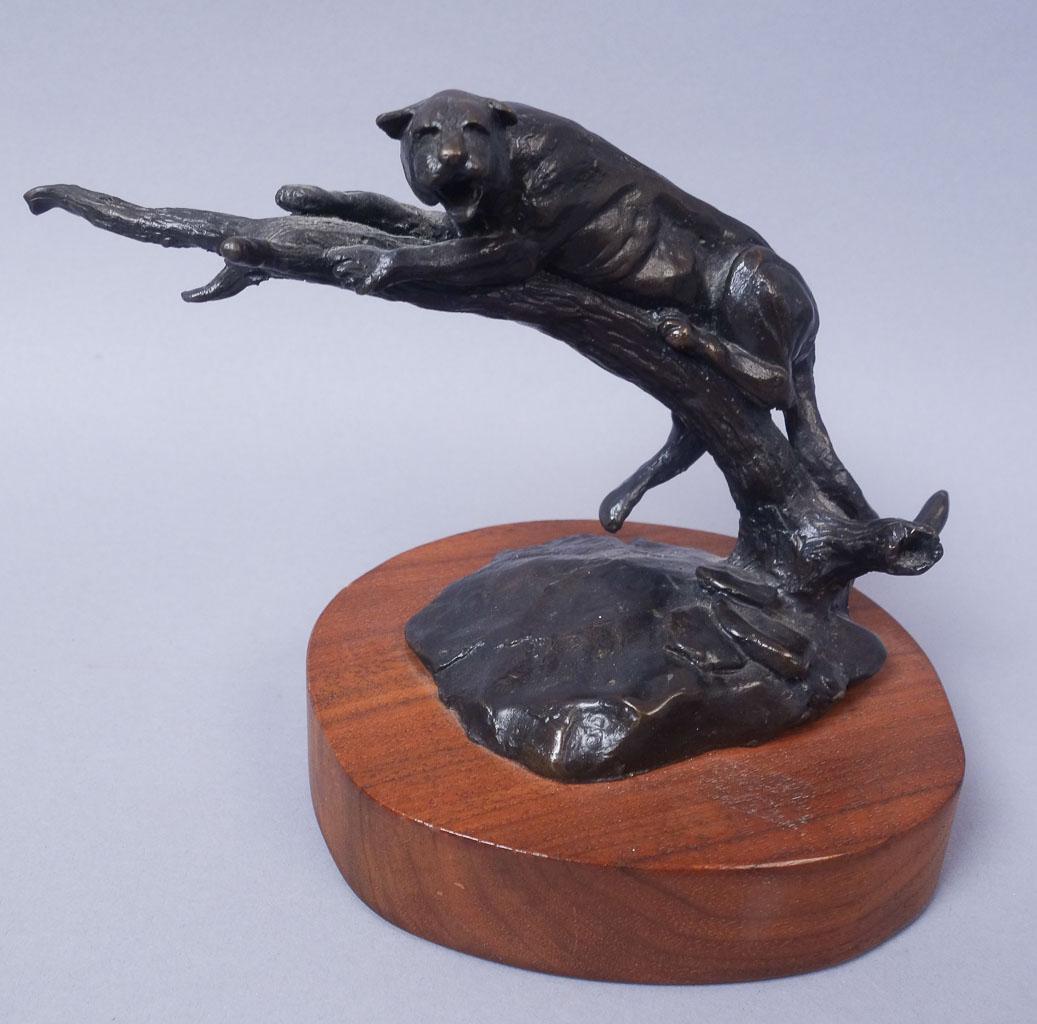 Signed Gary Herbert Bronze of Mountain Lion in a Tree: Marked limited edition 64/100 S height 5 1/2"