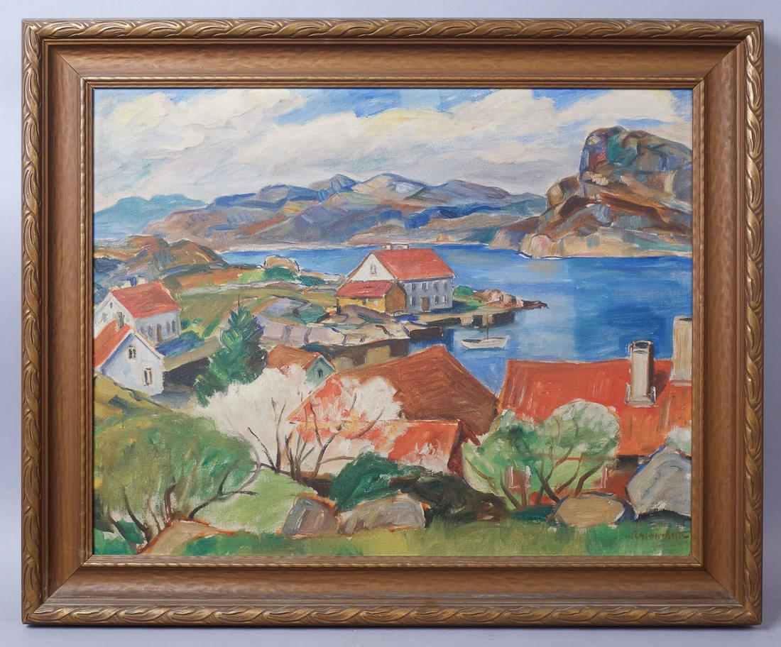 Scandinavian Norway Signed Painting of Mandal Harbor: A signed oil on canvas painting of Mandal Harbor in Norway. sight 21 1/2" x 27 1/2", frame: 27 1/2" x 33 1/2" x 1 3/4"