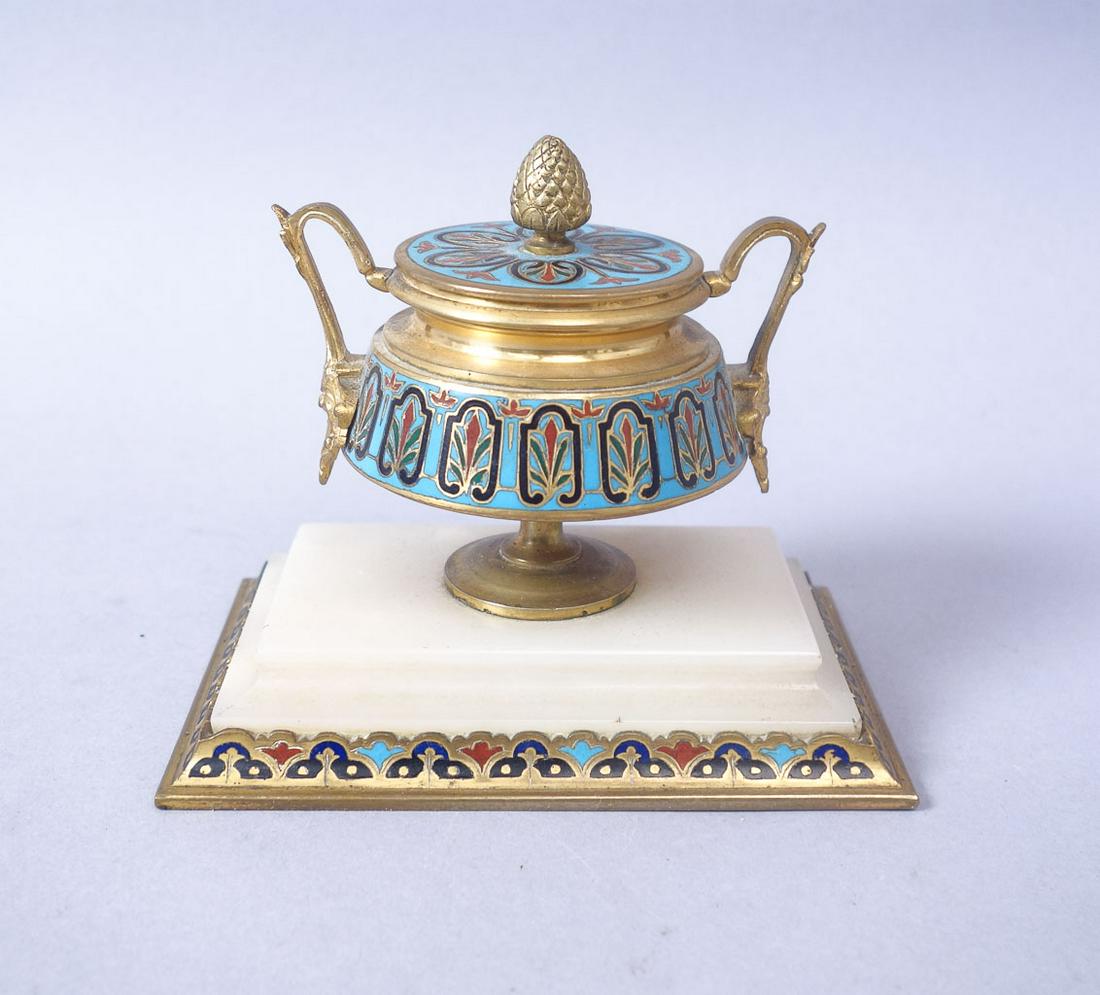 Antique Renaissance Bronze Enamel Onyx Inkwell: A onyx, bronze, and enamel inkwell. 5" x 4 1/2" x 3 1/4"