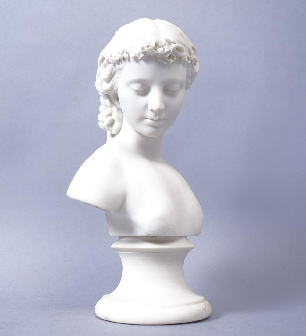 Antique Parian Ware Porcelain Bust of Young Woman: A charming Parian Ware porcelain bust of a young girl. 10 3/4" x 6 1/2" x 4"
