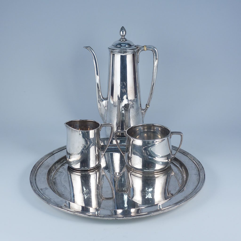 Antique 3pc Tiffany Sterling Silver Tea Set w/ tray: A charming antique 3 piece Tiffany sterling silver tea set with tray. 46.3ozt. Teapot 9" x 6" x 3", sugar 2 1/2" x 4 3/4" x 3", creamer 3 1/4" x 3" x 2 1/2", platter 11" x 1/2"