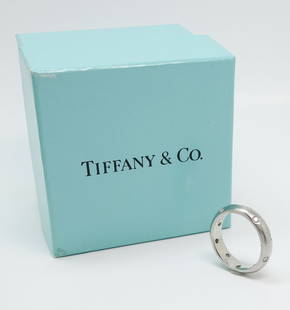 Fine Tiffany Etoile Platinum Diamond Wedding Band w Box: This charming Tiffany & Co platinum ring features 10 small diamonds all the way around the band. Weight: 7.5g. Ring size 5.25 US.