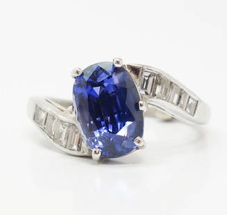 GIA 3.62ct Ceylon Color Change Sapphire Pt Diamond Ring: This beautiful ring exhibits a coloring changing sapphire that changes from blue to violet in different lighting. The sapphire originates from Sri Lanka, and is 3.62cts. Accompanied with sapphire GIA