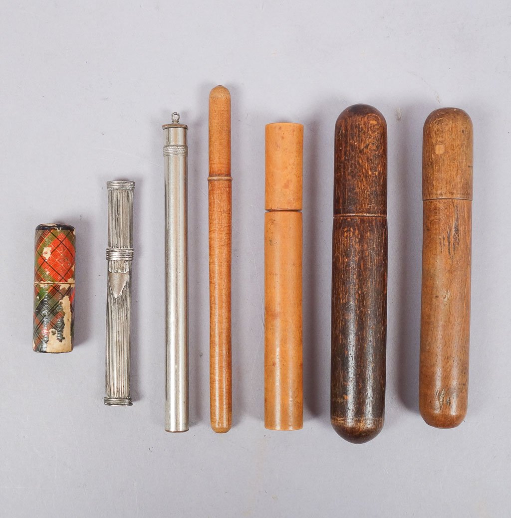 Group 7 19c Sewing Needle Cases Silver Tartanware Treen: This is a charming lot of seven sewing needle cases including silver, treen wood, and Tartenware. Longest 6", shortest 2 1/4"