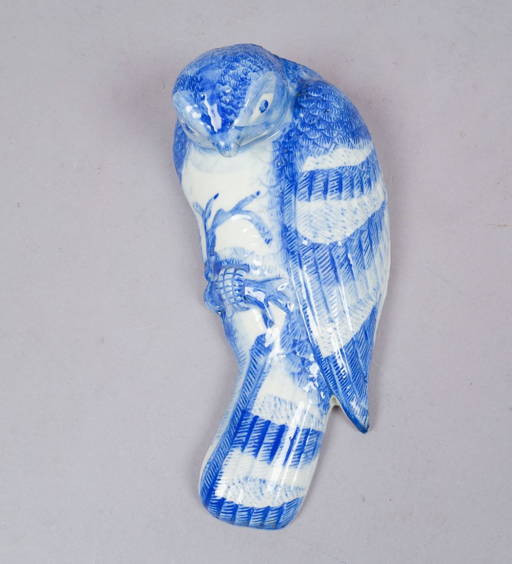 Antique Asian Porcelain Bird Falcon Wall Pocket: This is a beautiful and unusual estate found antique blue and white decorated porcelain wall pocket in the form of a bird of prey. 8 1/4" x 4" x 3".