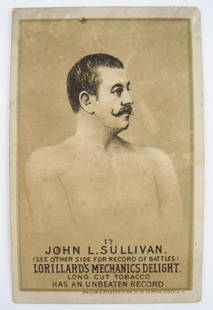 John L. Sullivan #17 Mechanics Delight Boxing Card: Lorillard's Mechanics Delight boxing card, #17 in the series, depicting John L. Sullivan the first Heavyweight Champion of America and first American sports celebrity. Dates to the 1880s. 3 3/4" x 2 3