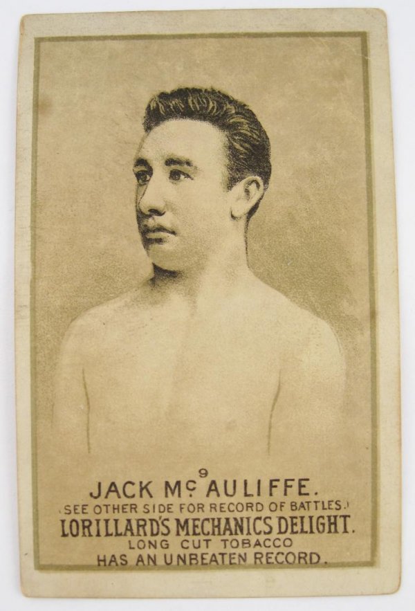 Jack McAuliffe #9 Mechanics Delight Boxing Card: Lorillard's Mechanics Delight boxing card, #9 in the series depicting Jack McAuliffe, Lightweight Champion of the World from 1886 to 1893, who remained undefeated throughout his entire career. Dates t