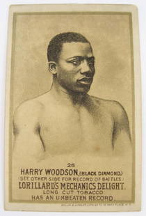 Harry Woodson #26 Mechanics Delight Boxing Card: Lorillard's Mechanics Delight boxing card, #26 in the series, depicting Harry Woodson or "The Black Diamond". Dates to the 1880s. 3 3/4" x 2 3/8".