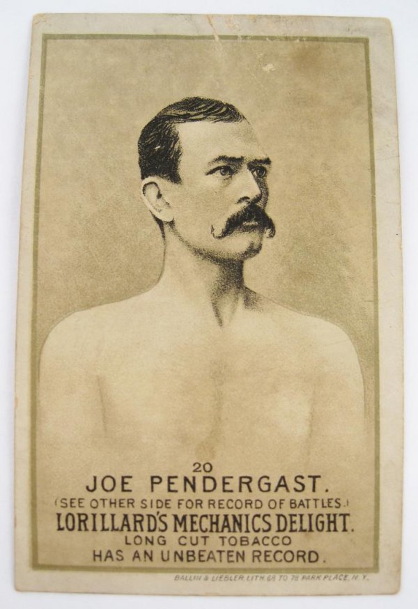 Joe Pendergast #20 Mechanics Delight Boxing Card: Lorillard's Mechanics Delight boxing card, #20 in the series, depicting Joe Pendergast. Dates to the 1880s. 3 3/4" x 2 3/8".