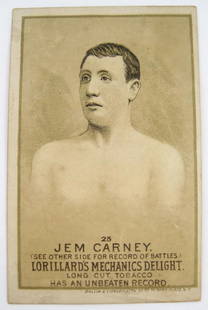 Jem Carney #25 Mechanics Delight Boxing Card: Lorillard's Mechanics Delight boxing card, #25 in the series, depicting Jem Carney. Dates to the 1880s. 3 3/4" x 2 3/8".