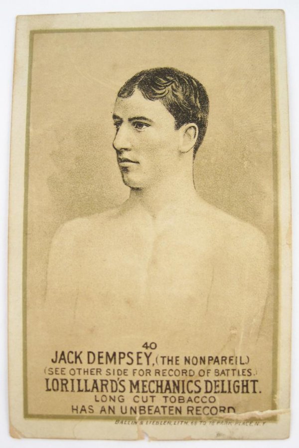 Jack Dempsey #40 Mechanics Delight Boxing Card: Lorillard's Mechanics Delight boxing card, #40 in the series, depicting bare knuckle middleweight champion Jack Dempsey known as the "Nonpareil". Dates to the 1880s. 3 3/4" x 2 3/8".
