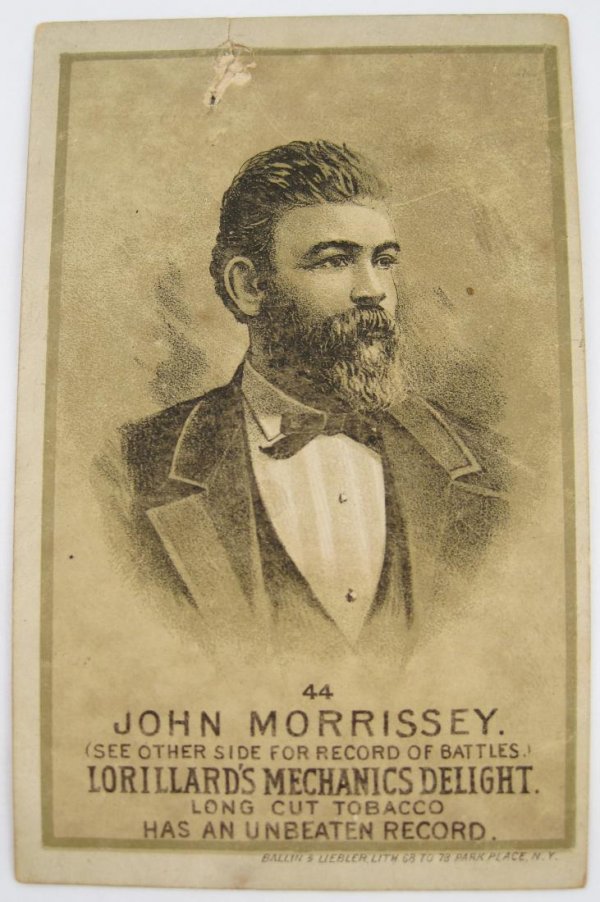 John Morrissey #44 Mechanics Delight Boxing Card: Lorillard's Mechanics Delight boxing card, #44 in the series, depicting bare knuckle boxer and later politcal figure John Morrissey, "Old Smoke". Dates to the 1880s. 3 3/4" x 2 3/8".