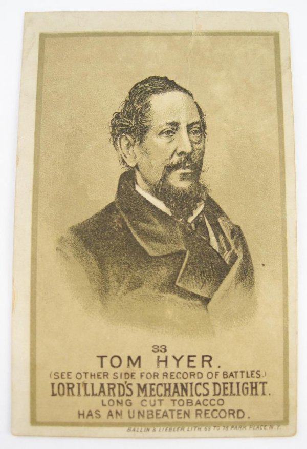 Tom Hyer #33 Mechanics Delight Boxing Card: Lorillard's Mechanics Delight boxing card, #33 in the series, depicting bare knuckle boxing champion Tom Hyer. Dates to the 1880s. 3 3/4" x 2 3/8".
