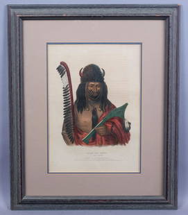 McKenney Hall HC Lithograph Kish-Ke-Kosh A Fox w Brave: Kish-Ke-Kosh, A Fox Brave (Sauk-Fox)" is an original hand-colored lithograph by McKenney & Hall. This piece features a Native American man. F.W. Greenough 1838. The Brave is portrayed with the