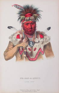 19c McKenney Hall Lithograph Ne-Sou-A-Quoit A Fox Chief: This print shows Ne-Sou-A Quoit, half-length portrait, facing front, wearing elaborate headdress, earrings, necklace, and fur shoulder garment, as well as a portrait medallion around his neck. J.T.